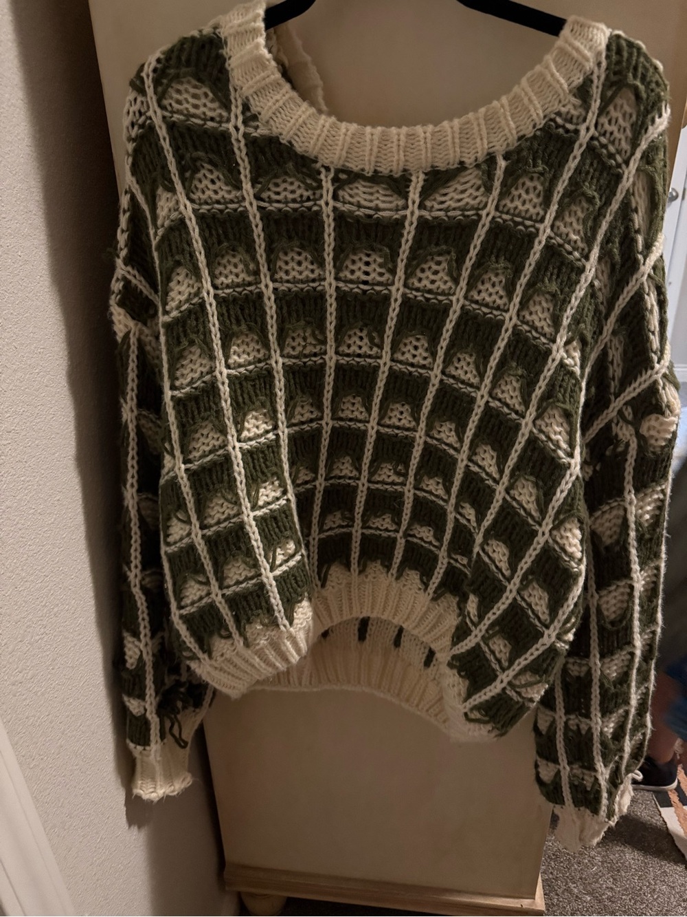 Blu Pepper Olive Green and Cream Grid Knit Crewneck Sweater